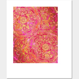 Hot Pink and Gold Baroque Floral Pattern Posters and Art